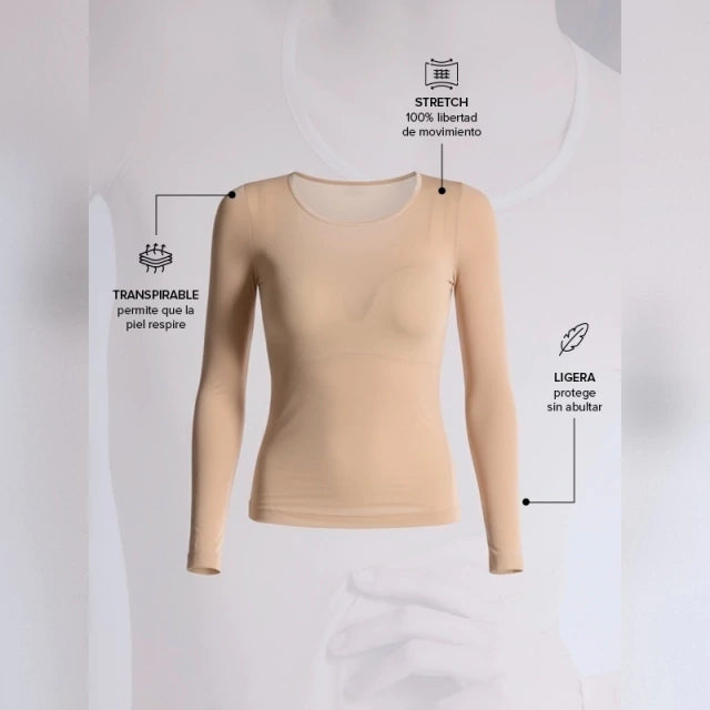 Camiseta Térmica Manga Larga Piel de Microfibra Stretch Sin Costuras