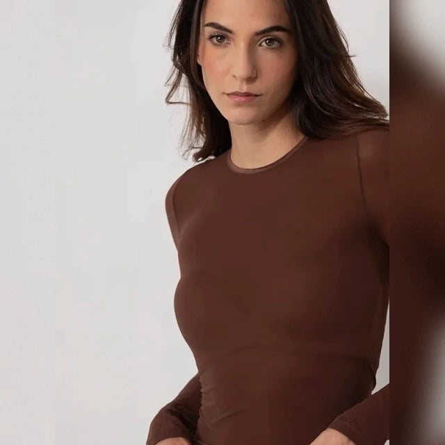 Camiseta Térmica Manga Larga Marrón de Microfibra Stretch