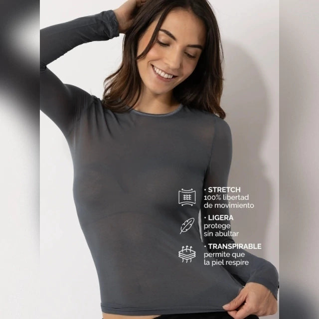Camiseta Térmica Cuello Redondo Gris de Microfibra Stretch