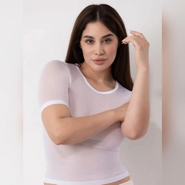 Camiseta Térmica Manga Corta Blanca de Microfibra Stretch Sin Costuras