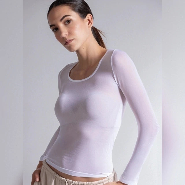 Camiseta Térmica Manga Larga Blanca de Microfibra Stretch Sin Costuras